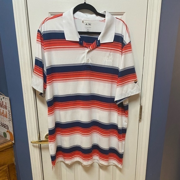 - Adidas Golf Men's Puremotion Stripe Short Sleeve Polo Rhine Earnest Logo… - Picture 1 of 7